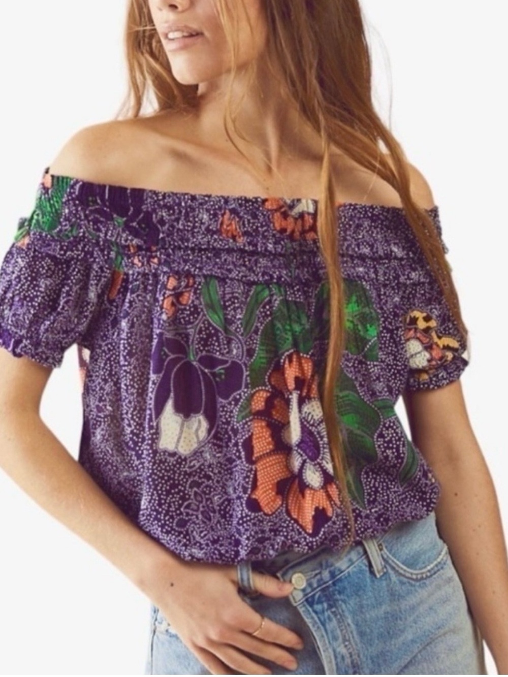 Free People FP One Suki Blouse Top Floral Printed Off Shoulder Smocked * READ*